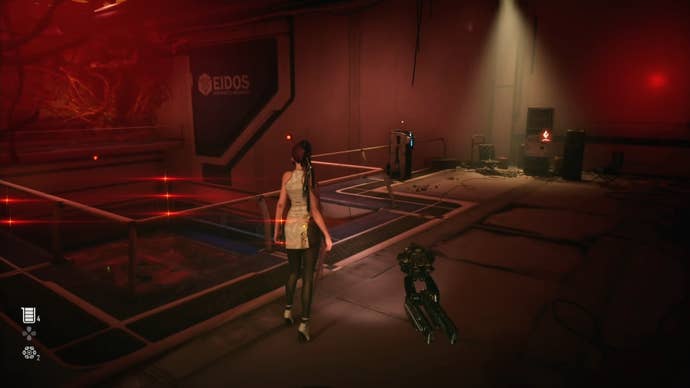 Eve from Stellar Blade looking at a Camp in the Altess Levoire Levoire area.