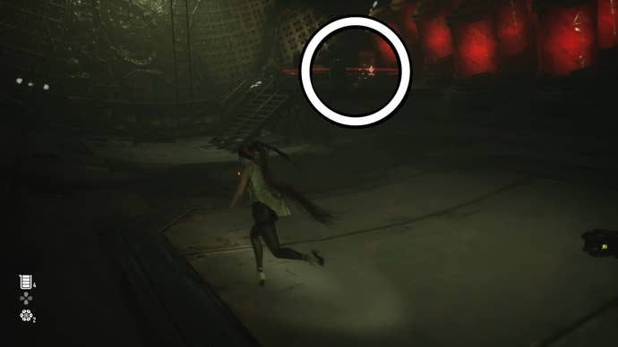 Eve from Stellar Blade looking at a Camp in the Altess Levoire Levoire area.