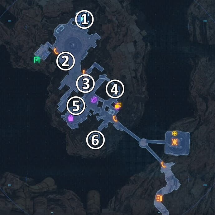 Map view showing all six of the Ark puzzle terminal locations in Xion for the Lost Ark quest in Stellar Blade.