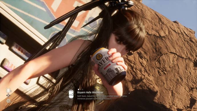 Eve from Stellar Blade holding up a Can to show the camera.