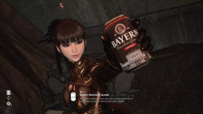 Eve from Stellar Blade holding up a Can to show the camera.