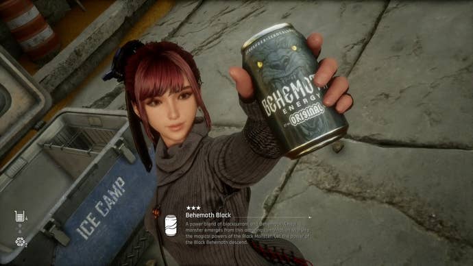 Eve from Stellar Blade holding up a Can to show the camera.