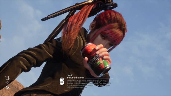 Eve from Stellar Blade holding up a Can to show the camera.