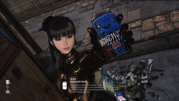 Eve from Stellar Blade holding up a Can to show the camera.