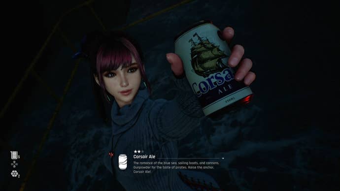 Eve from Stellar Blade holding up a Can to show the camera.