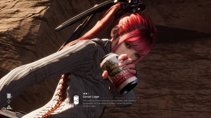 Eve from Stellar Blade holding up a Can to show the camera.