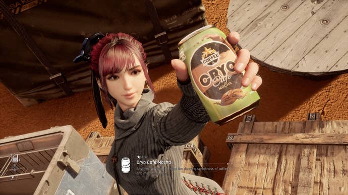 Eve from Stellar Blade holding up a Can to show the camera.