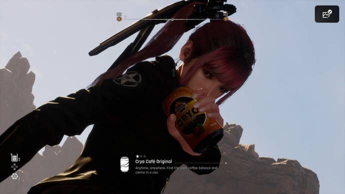 Eve from Stellar Blade holding up a Can to show the camera.