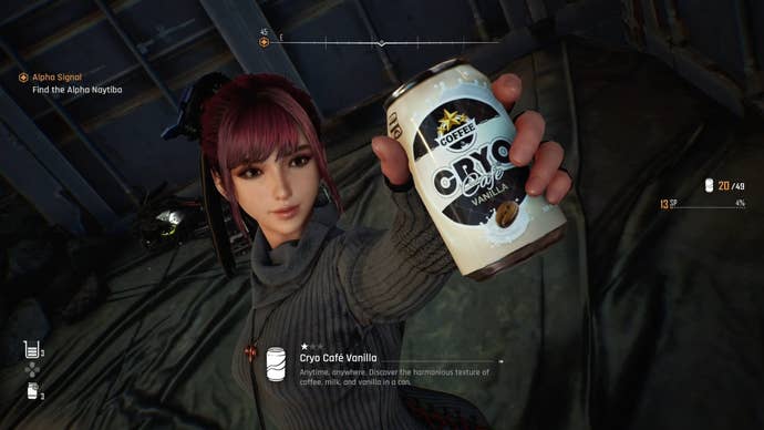 Eve from Stellar Blade holding up a Can to show the camera.
