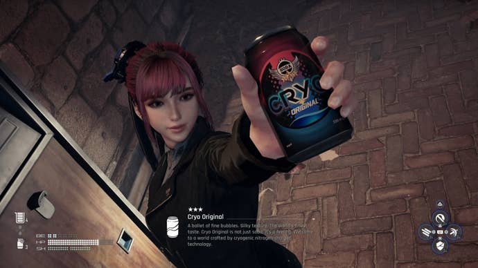 Eve from Stellar Blade holding up a Can to show the camera.