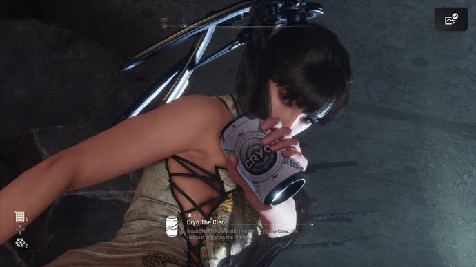 Eve from Stellar Blade holding up a Can to show the camera.