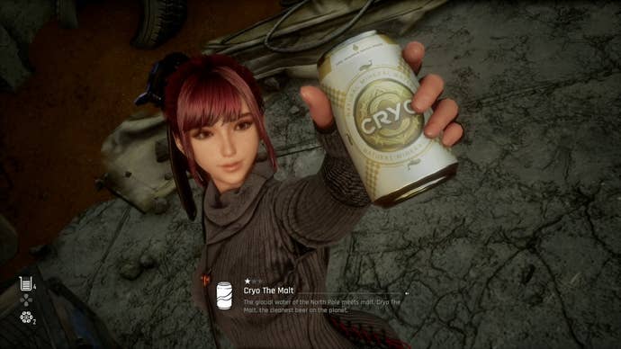 Eve from Stellar Blade holding up a Can to show the camera.