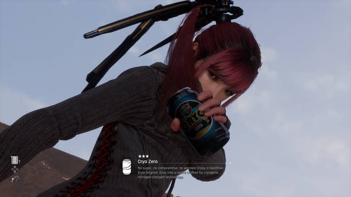 Eve from Stellar Blade holding up a Can to show the camera.