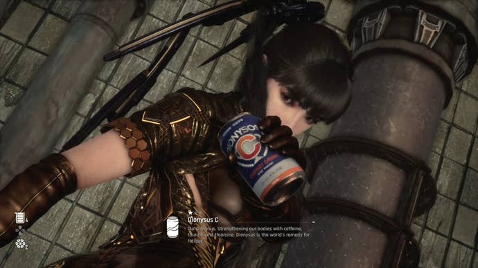 Eve from Stellar Blade holding up a Can to show the camera.