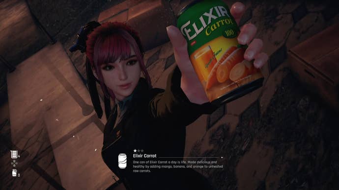 Eve from Stellar Blade holding up a Can to show the camera.