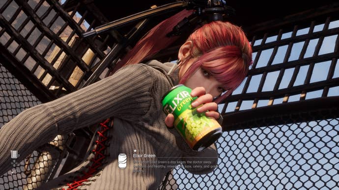 Eve from Stellar Blade holding up a Can to show the camera.