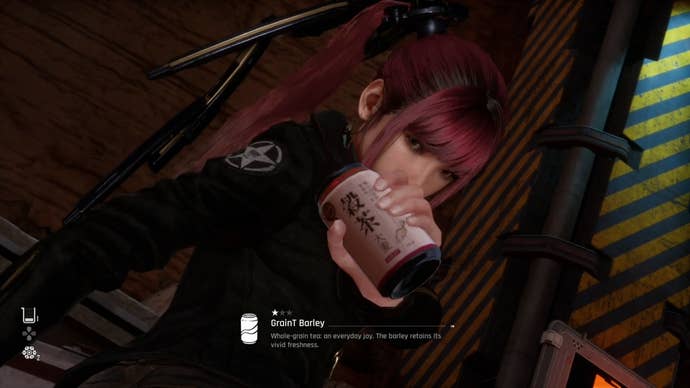 Eve from Stellar Blade holding up a Can to show the camera.