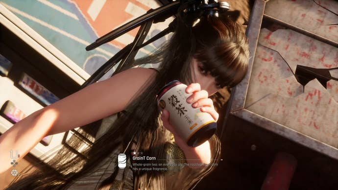 Eve from Stellar Blade holding up a Can to show the camera.