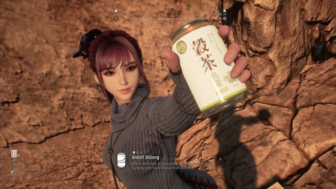 Eve from Stellar Blade holding up a Can to show the camera.