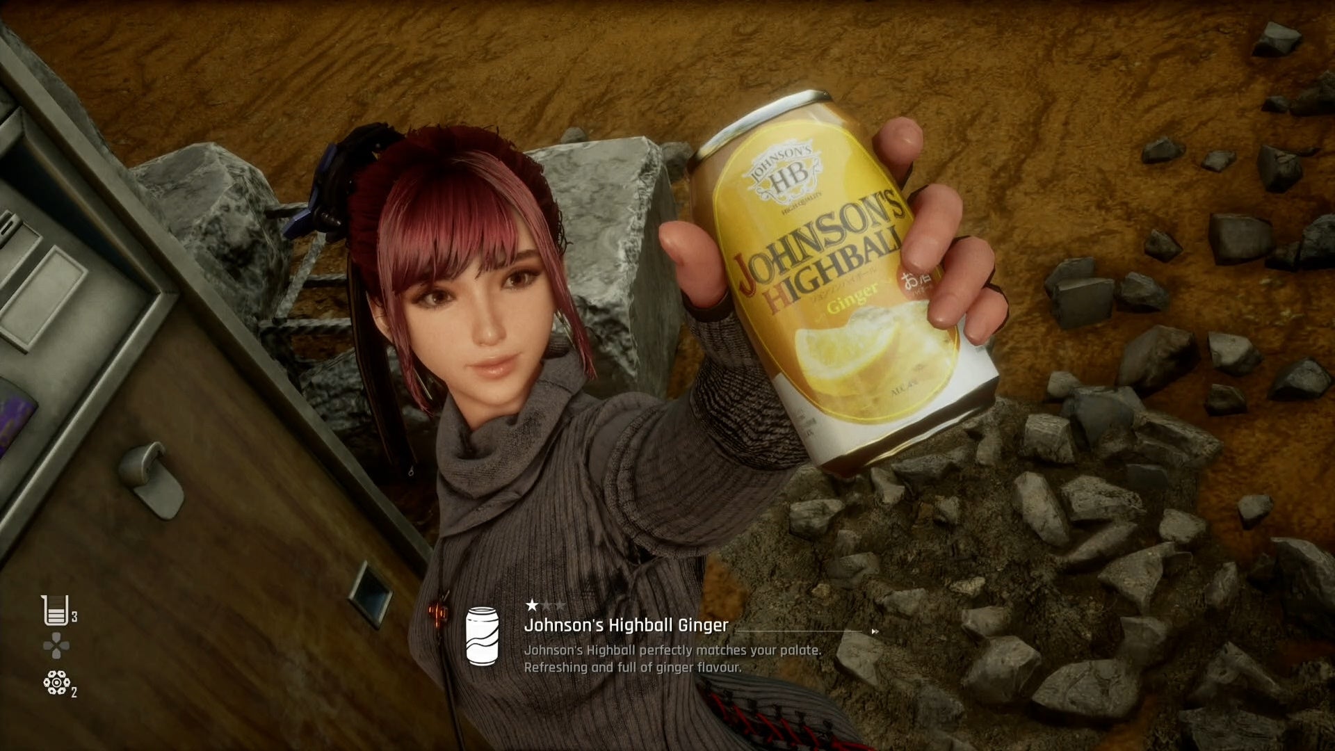 Eve from Stellar Blade holding up a Can to show the camera.
