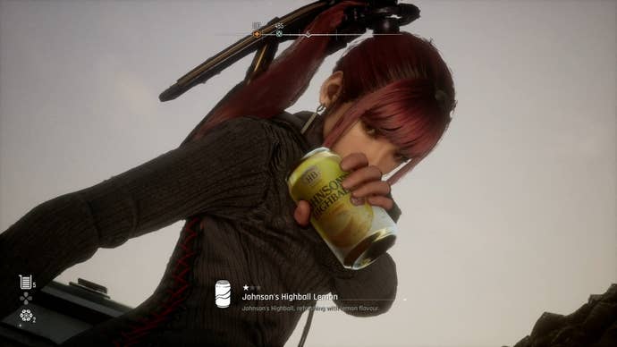 Eve from Stellar Blade holding up a Can to show the camera.