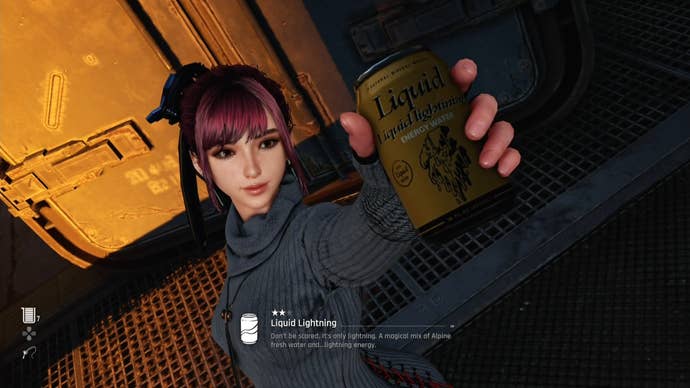 Eve from Stellar Blade holding up a Can to show the camera.