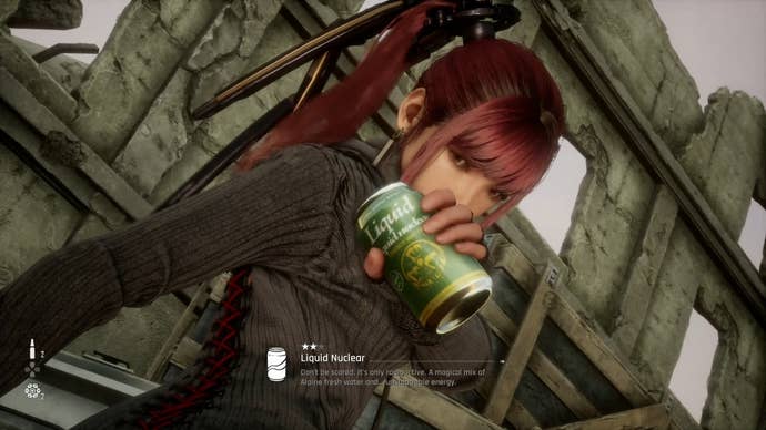 Eve from Stellar Blade holding up a Can to show the camera.