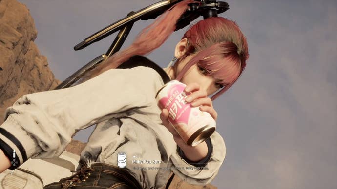 Eve from Stellar Blade holding up a Can to show the camera.