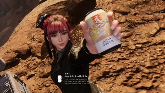 Eve from Stellar Blade holding up a Can to show the camera.
