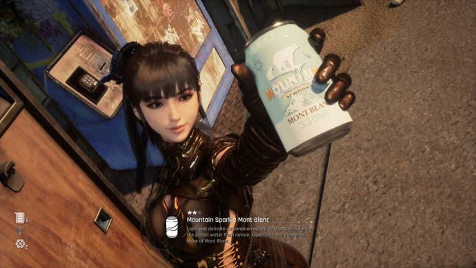 Eve from Stellar Blade holding up a Can to show the camera.