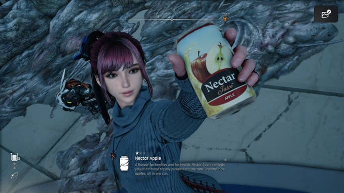 Eve from Stellar Blade holding up a Can to show the camera.