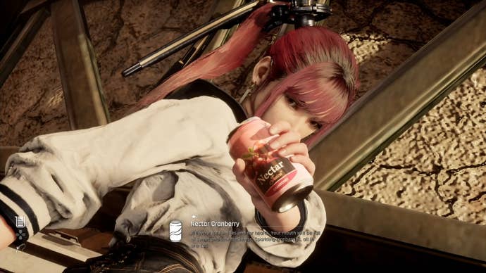 Eve from Stellar Blade holding up a Can to show the camera.