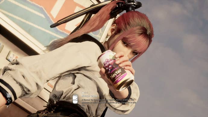 Eve from Stellar Blade holding up a Can to show the camera.