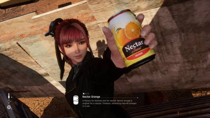 Eve from Stellar Blade holding up a Can to the camera.