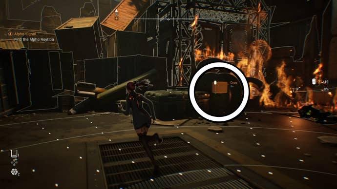 The Newfoundland Dry Can location circled behind debris and fire in Stellar Blade.