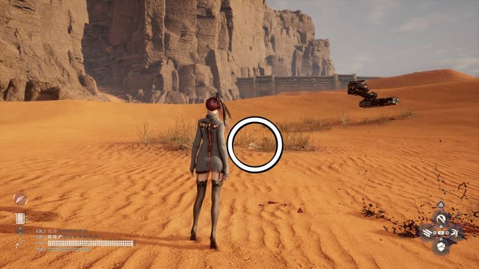 Eve looking at a circled Can location, the Newfoundland Dry Zero Can, in the Great Desert in Stellar Blade.