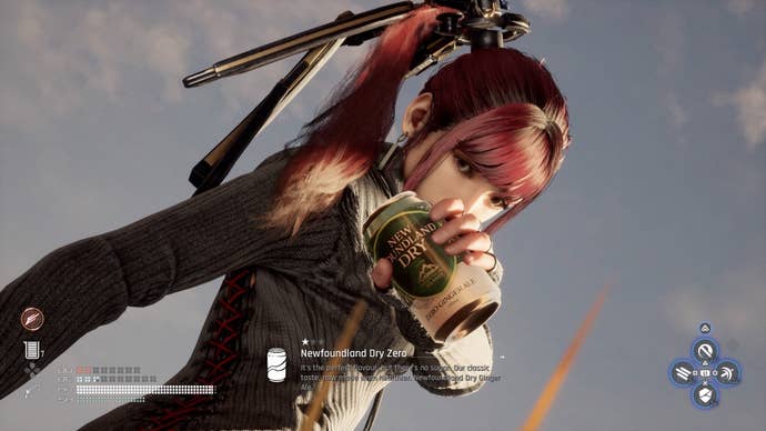 Eve from Stellar Blade holding up a Can to the camera.