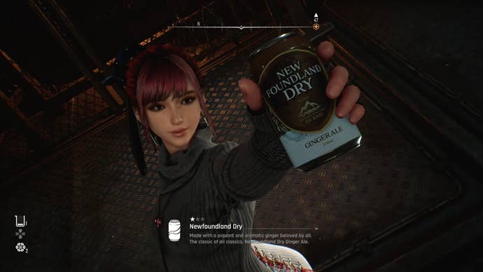 Eve from Stellar Blade holding up a Can to the camera.