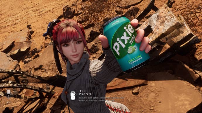 Eve from Stellar Blade holding up a Can to the camera.