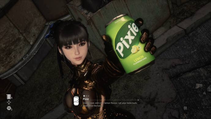 Eve from Stellar Blade holding up a Can to the camera.