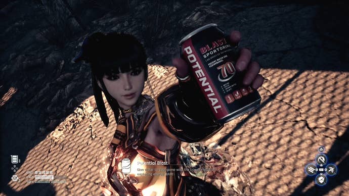Eve from Stellar Blade holding up a Can to the camera.