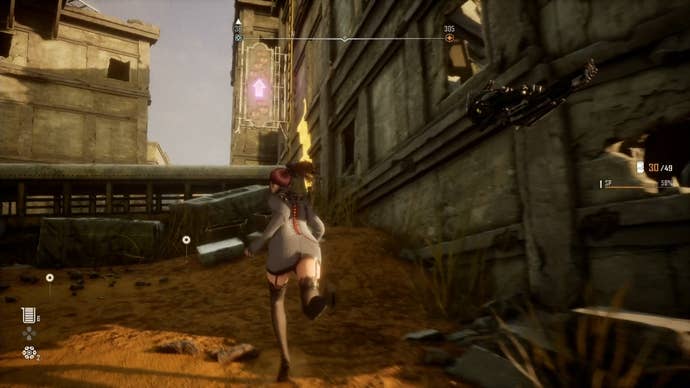 Eve looking up at a ladder with a purple neon sign pointing up beside it in Stellar Blade.