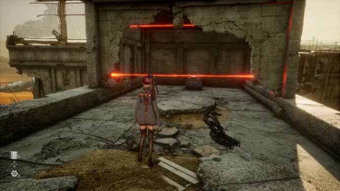 Eve locking at a chest containing the Potential Frost Ca, behind lasers, on top of a roof in Stellar Blade.