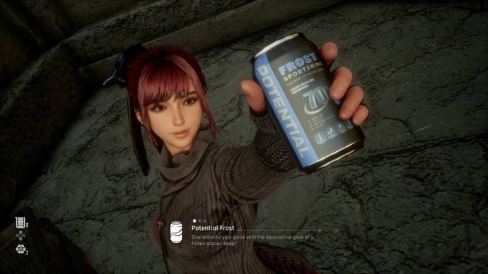 Eve from Stellar Blade holding up a Can to the camera.