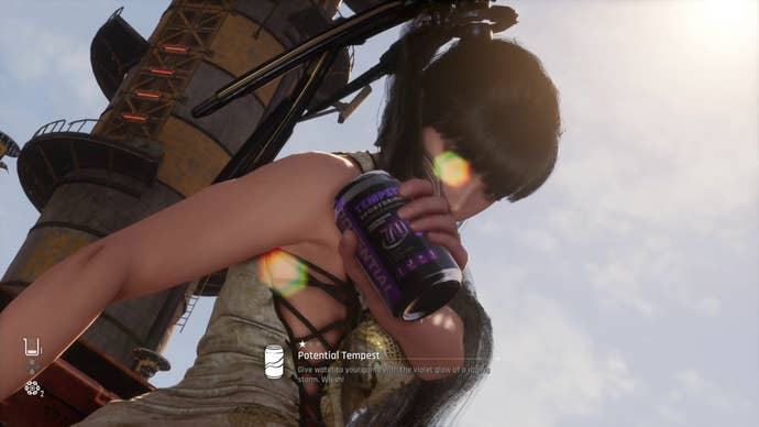 Eve from Stellar Blade holding up a Can to the camera.