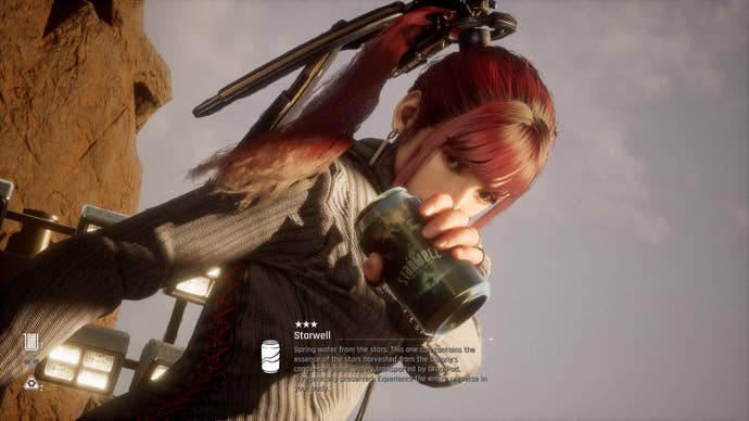 Eve from Stellar Blade holding up a Can to the camera.