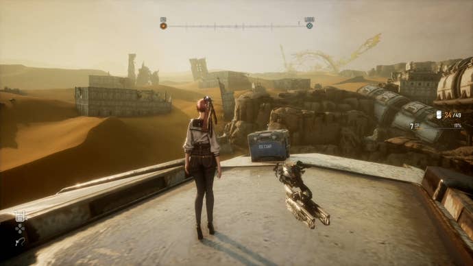 Eve looking at a chest containing the Haven Earl Grey Can in Stellar Blade.