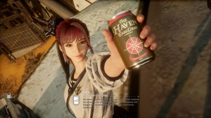 Eve from Stellar Blade holding up a Can to the camera.