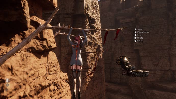 Eve hanging from a branch and looking at a cliff with ledges across the way in Stellar Blade.
