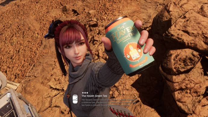 Eve from Stellar Blade holding up a Can to the camera.